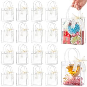 cluewr 50 pack clear gift bags with handles, reusable pvc plastic bags with ribbons transparent party favor bags gift wrap bags, 5.9 x 4.92 x 2.75 inches