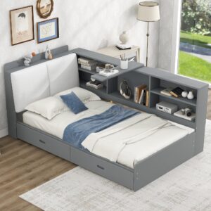 dnchuan twin size l-shaped daybed with upholstered storage headboard and underneath drawers,captains bed with bookcase,rotatable table board,gray