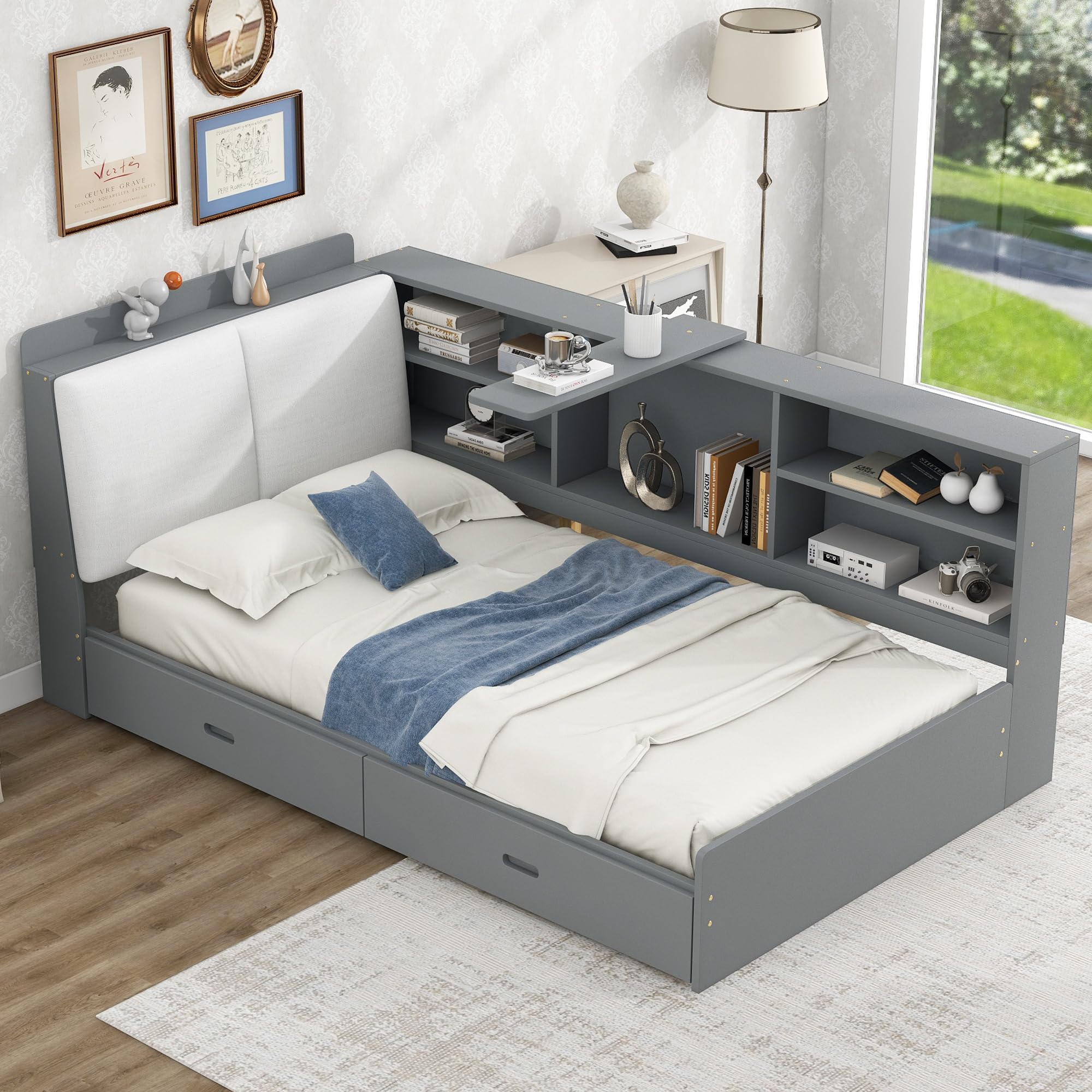 VilroCaz Twin Size Platform Bed with L-Shaped Storage Shelves and Upholstered Headboard, Solid Wood Daybed Frame with 2 Drawers and Rotatable Storage Board, Maximize Space (Grey-25)