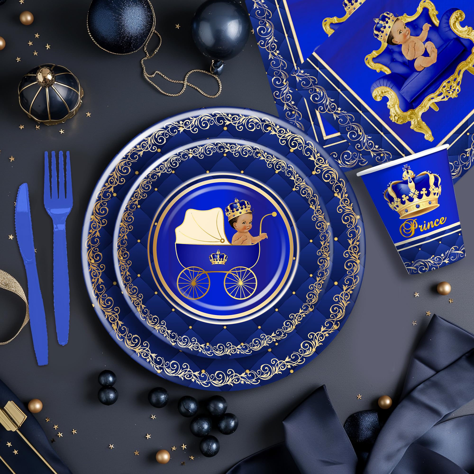 Xenorik Royal Prince Baby Shower Decorations Party Tableware Boys - Blue Gold Little Prince Baby Boy Decorations Supplies, Plate, Napkin, Cup, Cutlery, Prince Baby Boy Table Decorations | Serve 24