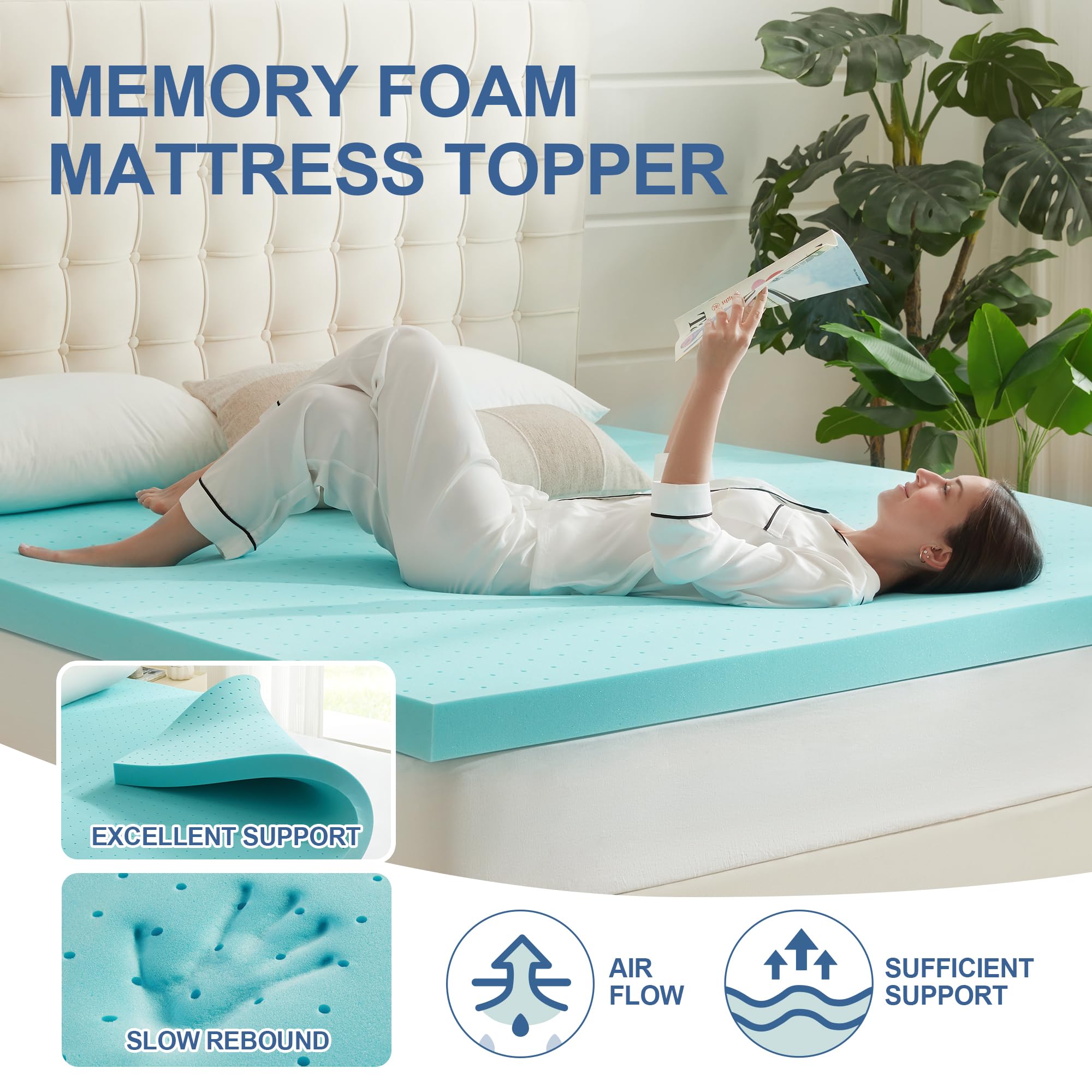 Eiayeebil 2 Inch Memory Foam Mattress Topper Twin, Mattress Pad Gel Infused Foam Bed Topper, Ventilated Soft Blue,Twin Size