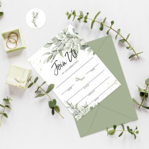 Whaline 25 Sets Greenery Invitations with Envelopes Stickers Sage Green Leaves Invitation Cards Blank Invites for Spring Wedding Reception Bridal Baby Shower Birthday Dinner Party, 5 x 7 Inch