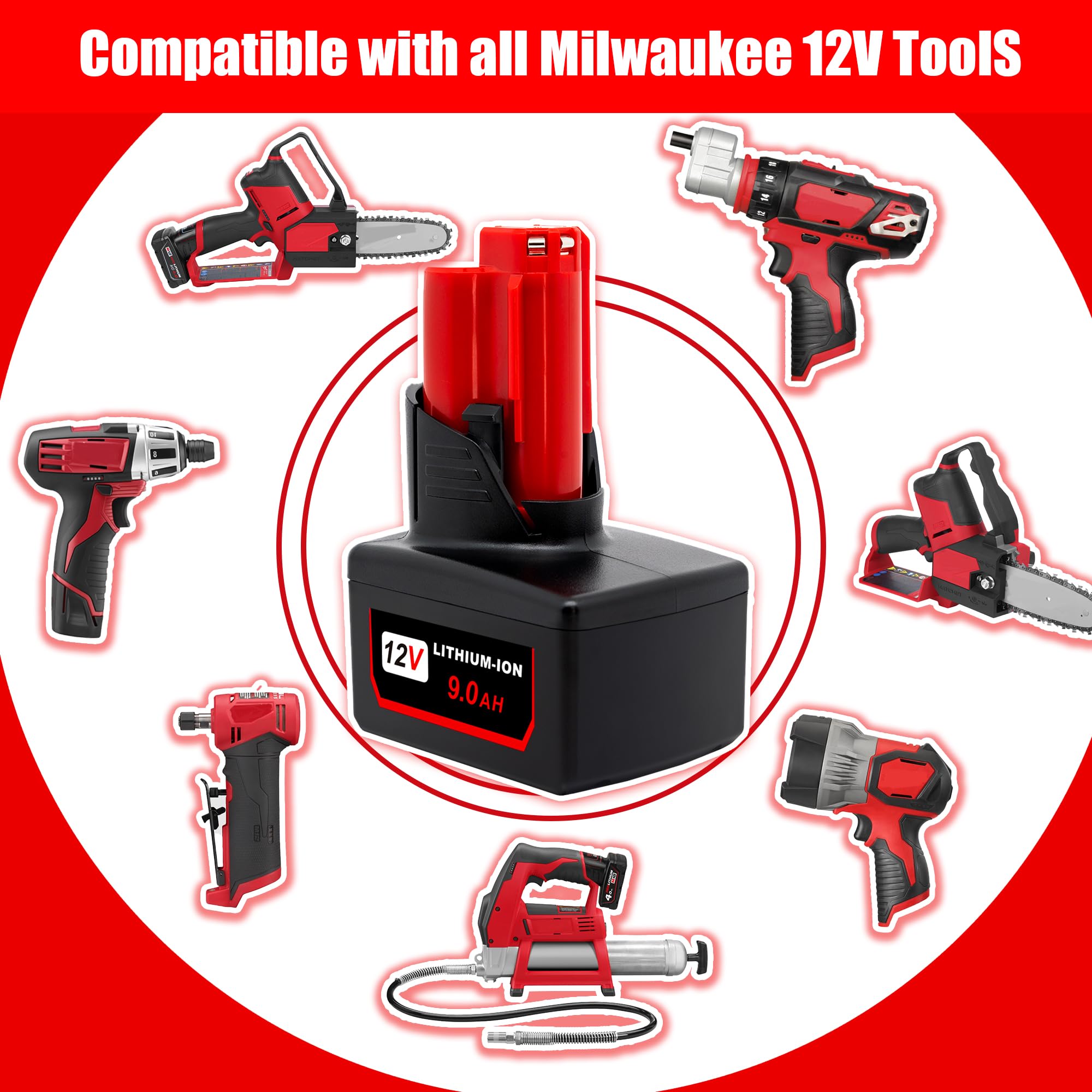 Cruruakku 9.0AH Replace for Milwaukee M12 Battery 12V 2pack 48-11-2490 48-11-2403 48-11-2402 48-11-2412,Compatible with Milwaukee 12v Cordless Power Tools.