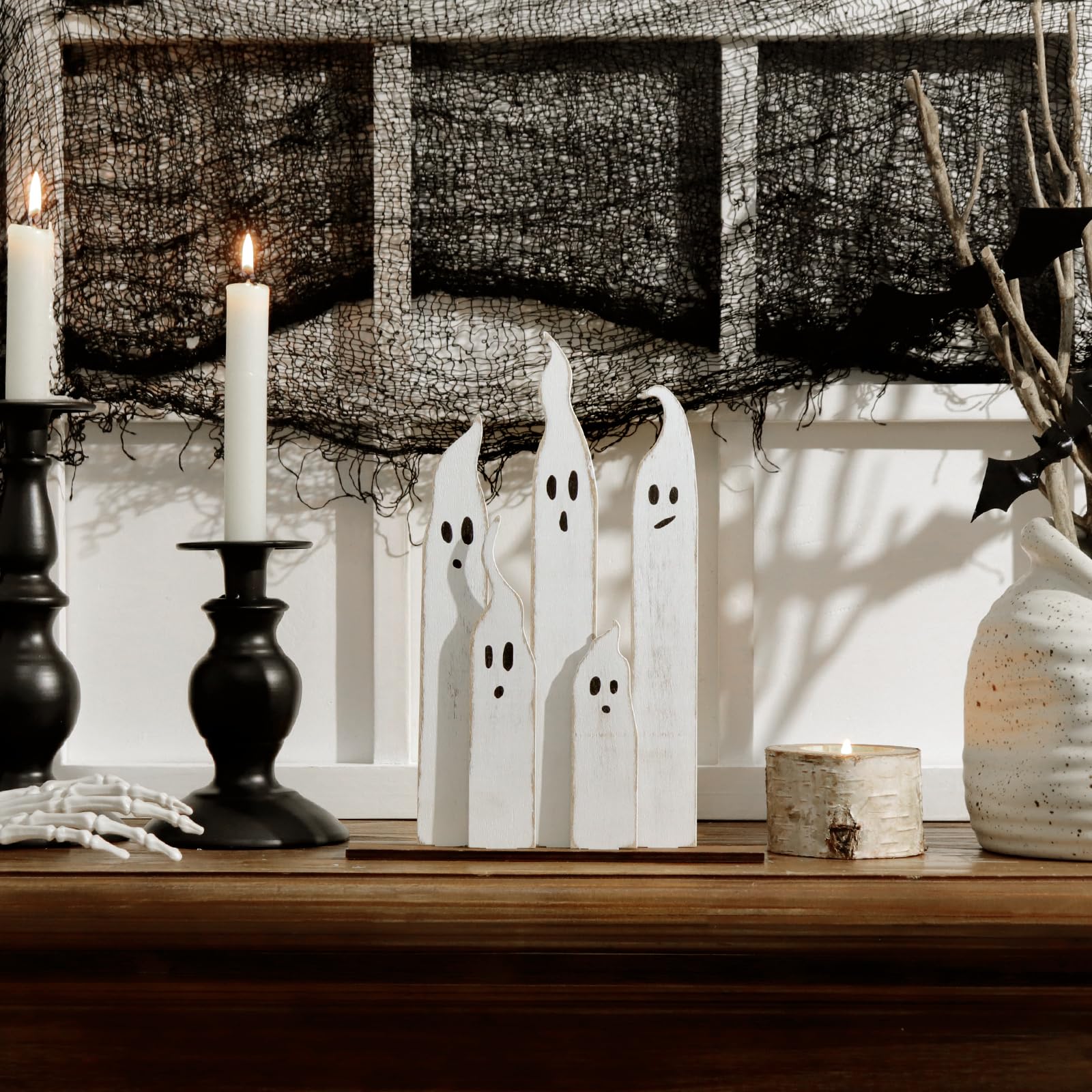 Halloween Table Decorations Indoor: Farmhouse Halloween Cute Ghost Decorations, Slender White Ghosts Wood Plank Signs Set, Rustic Tiered Tray Decor Wooden Ghost Desk Office Decor for Home Kids