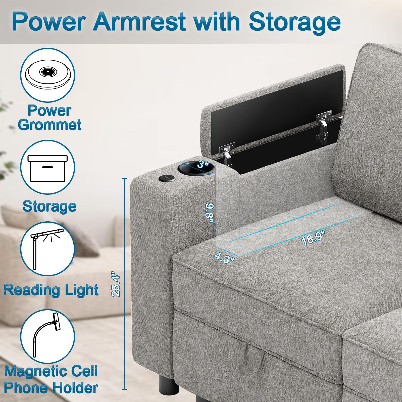 beyond SMART Modular Sectional Sofa, Couches for Living Room with Storage, Armrest with Power Grommet and Cup Holder, Wireless Charging Stand & LED Light Included,5 Seats