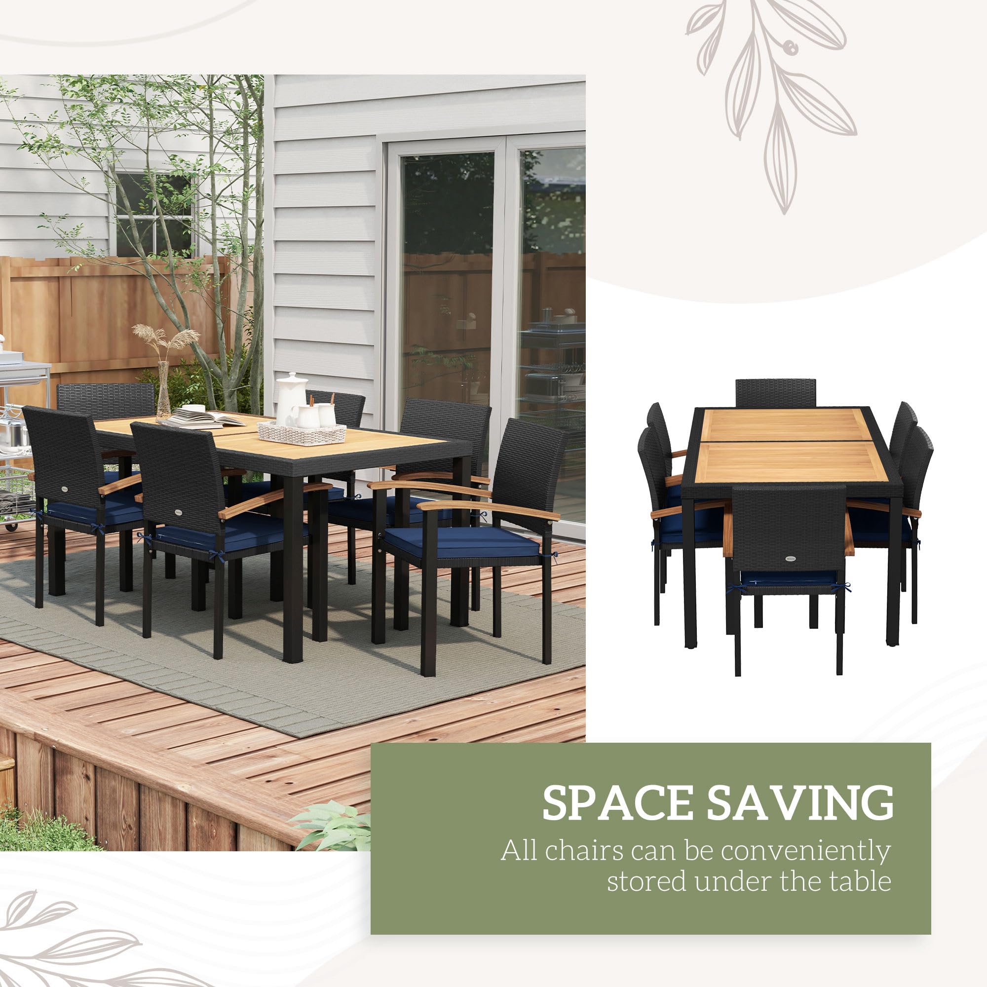 Outsunny 7 Pieces Patio Dining Set with Space-Saving Design, Wicker Patio Furniture Set Outdoor Dining Set with Acacia Wood Table Top, Cushions, for Backyard, Balcony, Garden, Deck, Black