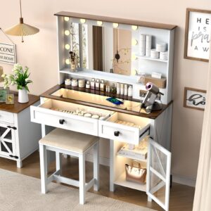 MIIFUNY Farmhouse Makeup Vanity Desk with Mirror and Lights, 42" Glass Top Vanity with Charging Station, Rustic Vanity Table Set with 2 Drawers & Shelves & Cabinet, Dressing Table for Bedroom, White