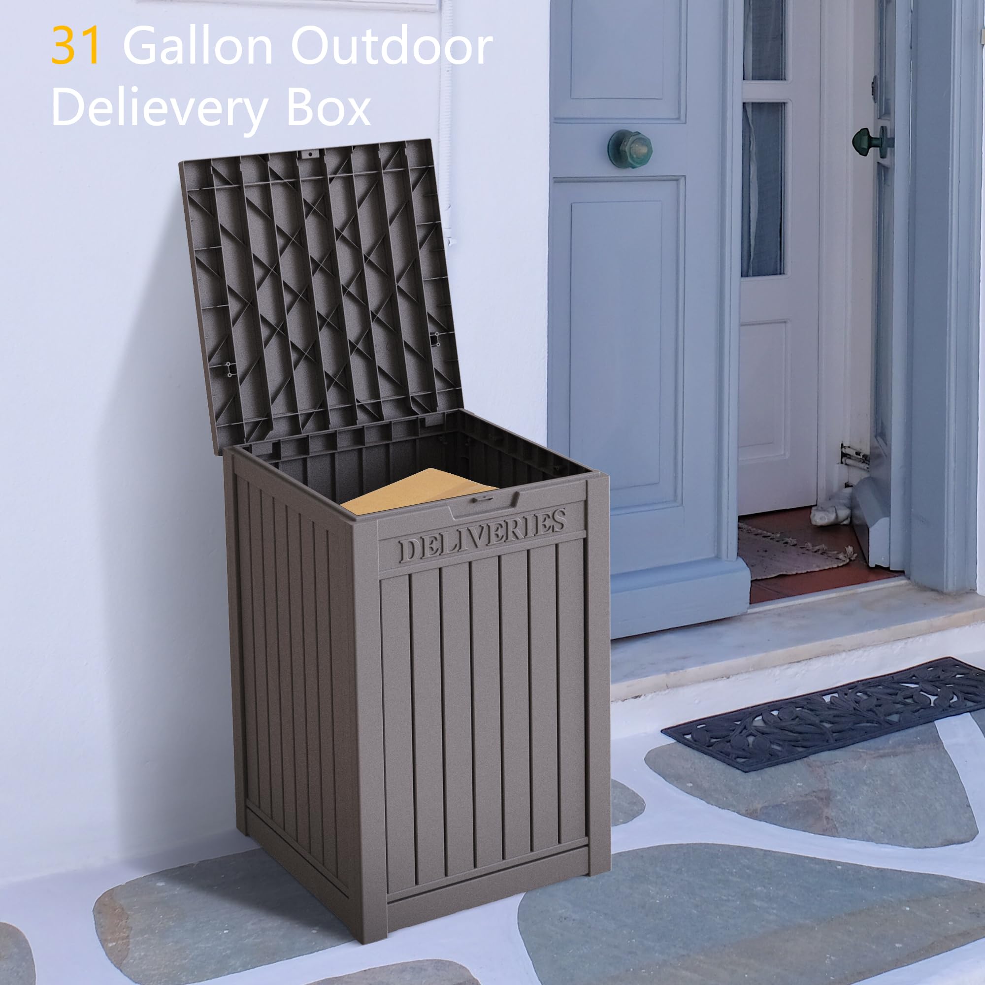 TPSOUM 48 Gallon Resin Package Delivery Box with Lockable Lid, Rust & Moisture Resistant Weatherproof Deck Box for Porches, Patios, Indoor & Outdoor Use