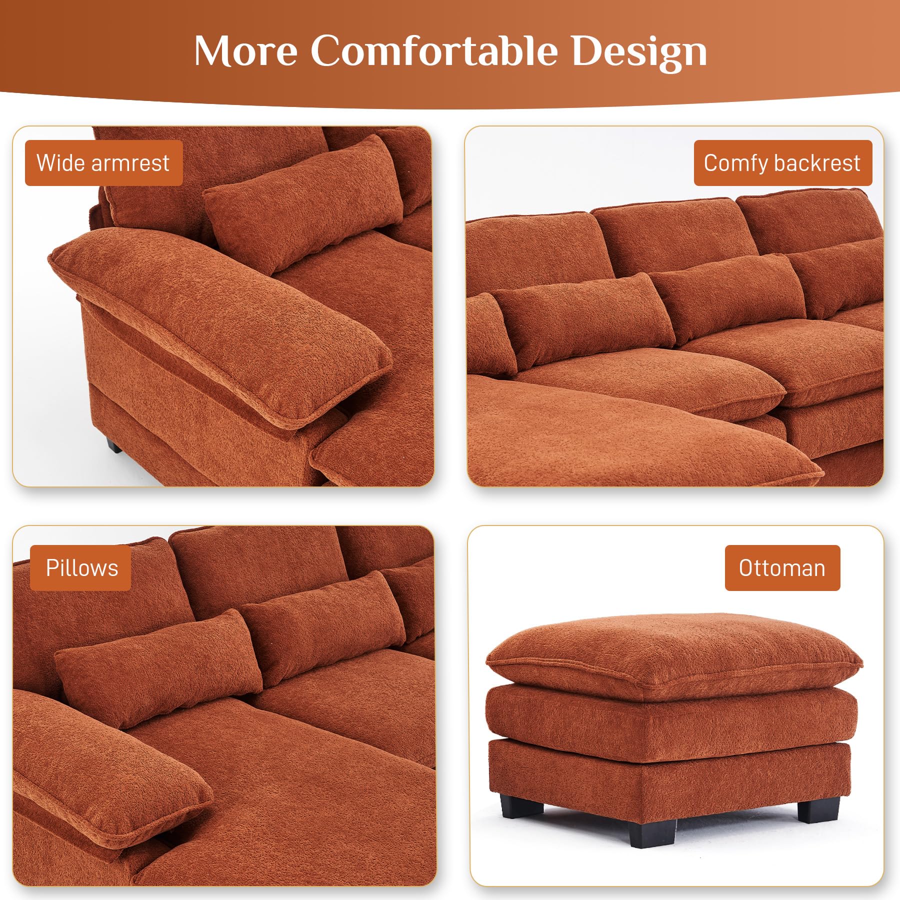 OUYESSIR 114" U Shape Sectional Sofa Cloud Couch for Living Room, Upholstery Comfy Modular Sofa, 4 Seat Chenille L-Shaped Sleeper Sofa with Chaise Lounge, Ottoman & Pillows,Orange