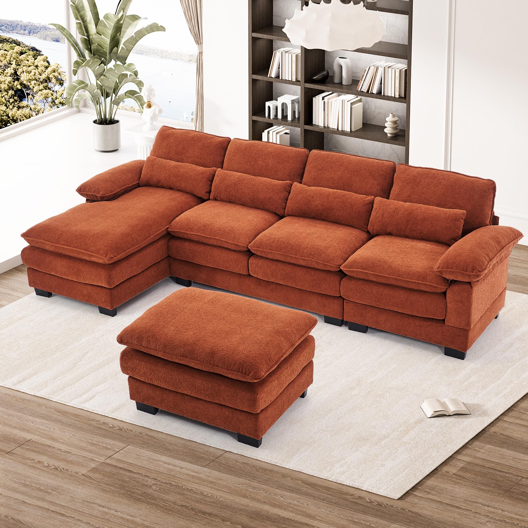 OUYESSIR 114" U Shape Sectional Sofa Cloud Couch for Living Room, Upholstery Comfy Modular Sofa, 4 Seat Chenille L-Shaped Sleeper Sofa with Chaise Lounge, Ottoman & Pillows,Orange