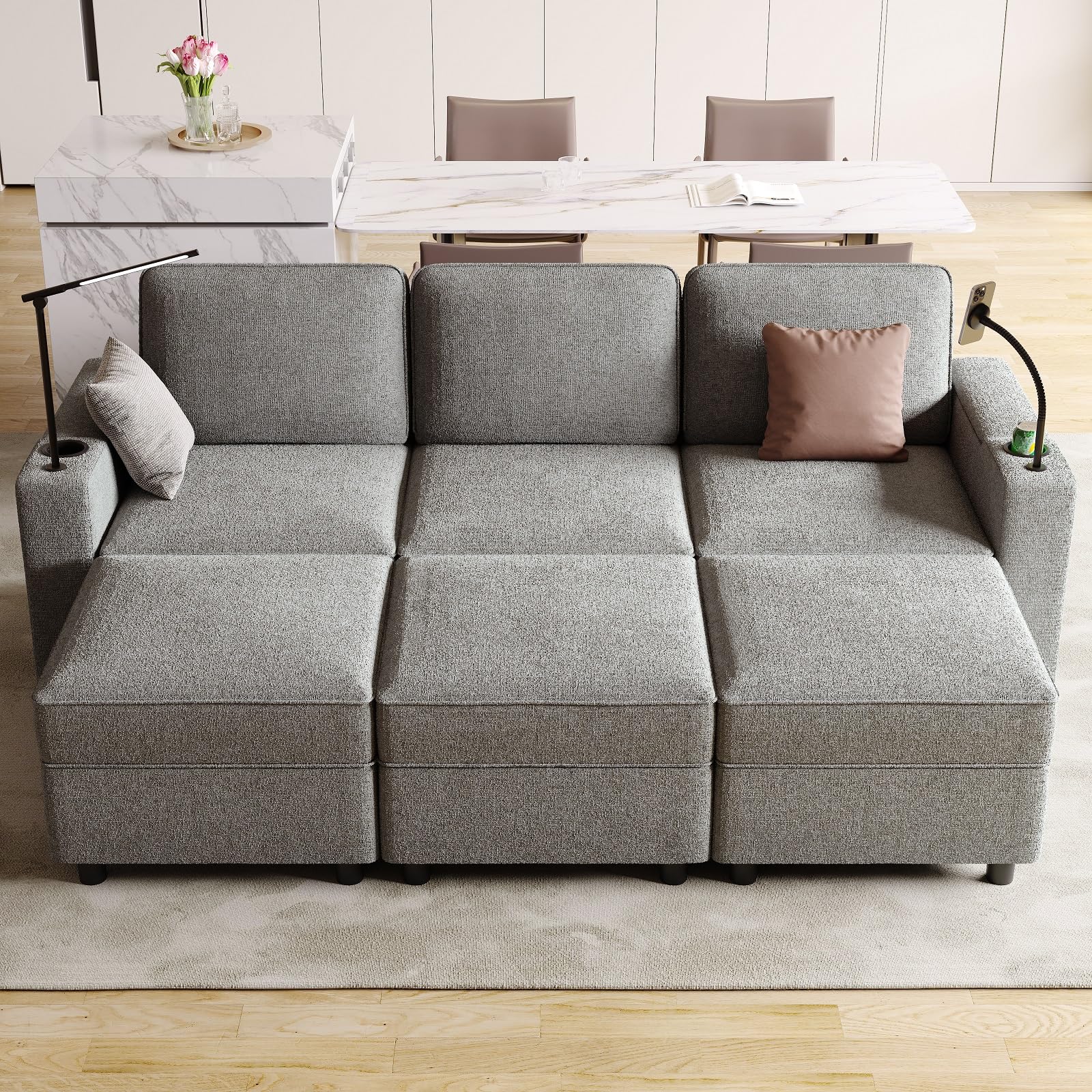 beyond SMART Multifunctional Sleep Sofa, Modular Sectional Sofa Bed, Sleeper Sofa for Living Room with Storage, Armrest with Power Grommet and Cup Holder, Wireless Charging Stand & LED Light Included