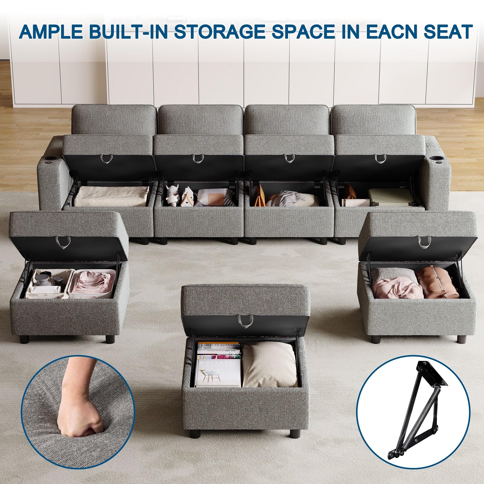 beyond SMART Modular Sectional Sofa, Couches for Living Room with Storage, Armrest with Power Grommet and Cup Holder, Wireless Charging Stand & LED Light Included,5 Seats