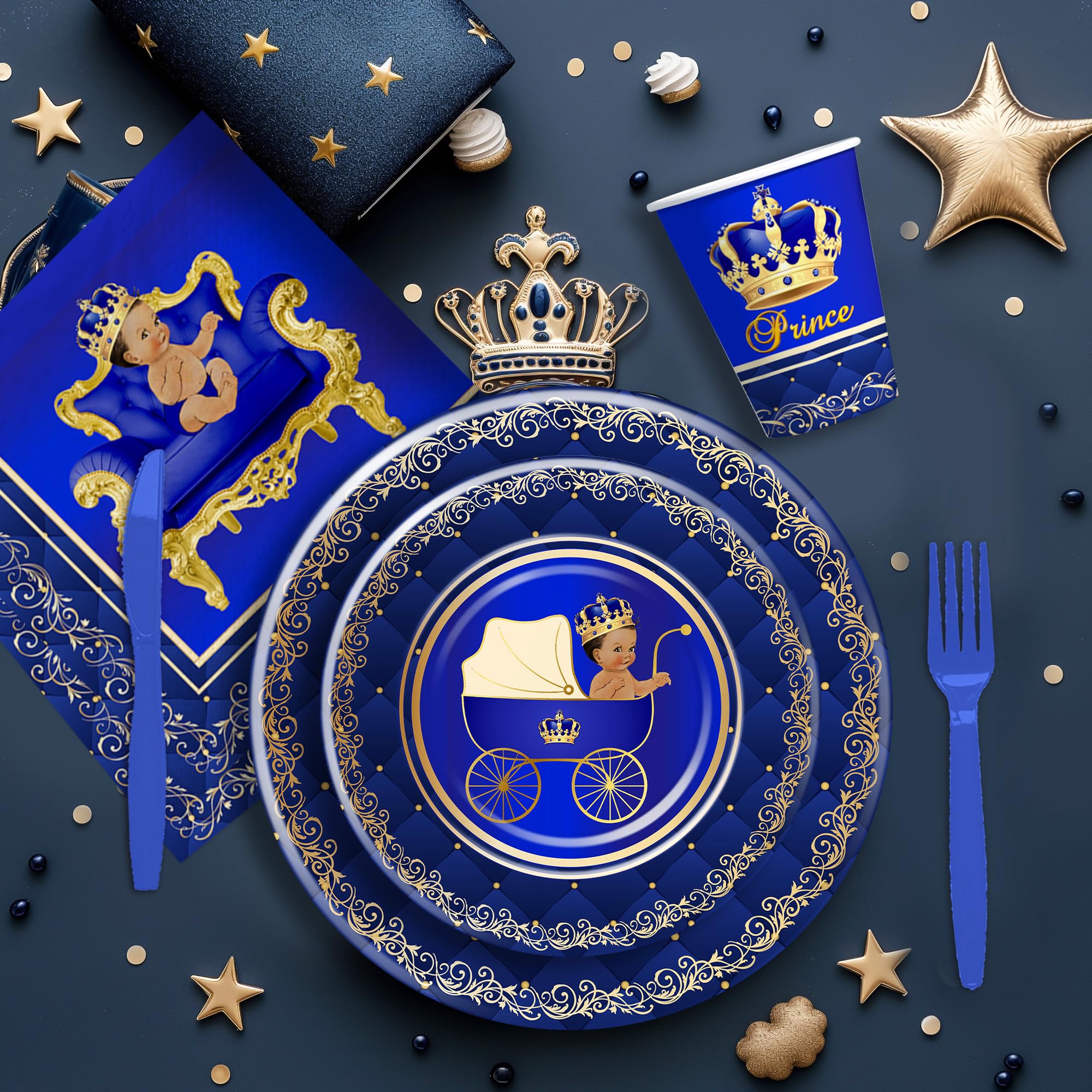 Xenorik Royal Prince Baby Shower Decorations Party Tableware Boys - Blue Gold Little Prince Baby Boy Decorations Supplies, Plate, Napkin, Cup, Cutlery, Prince Baby Boy Table Decorations | Serve 24