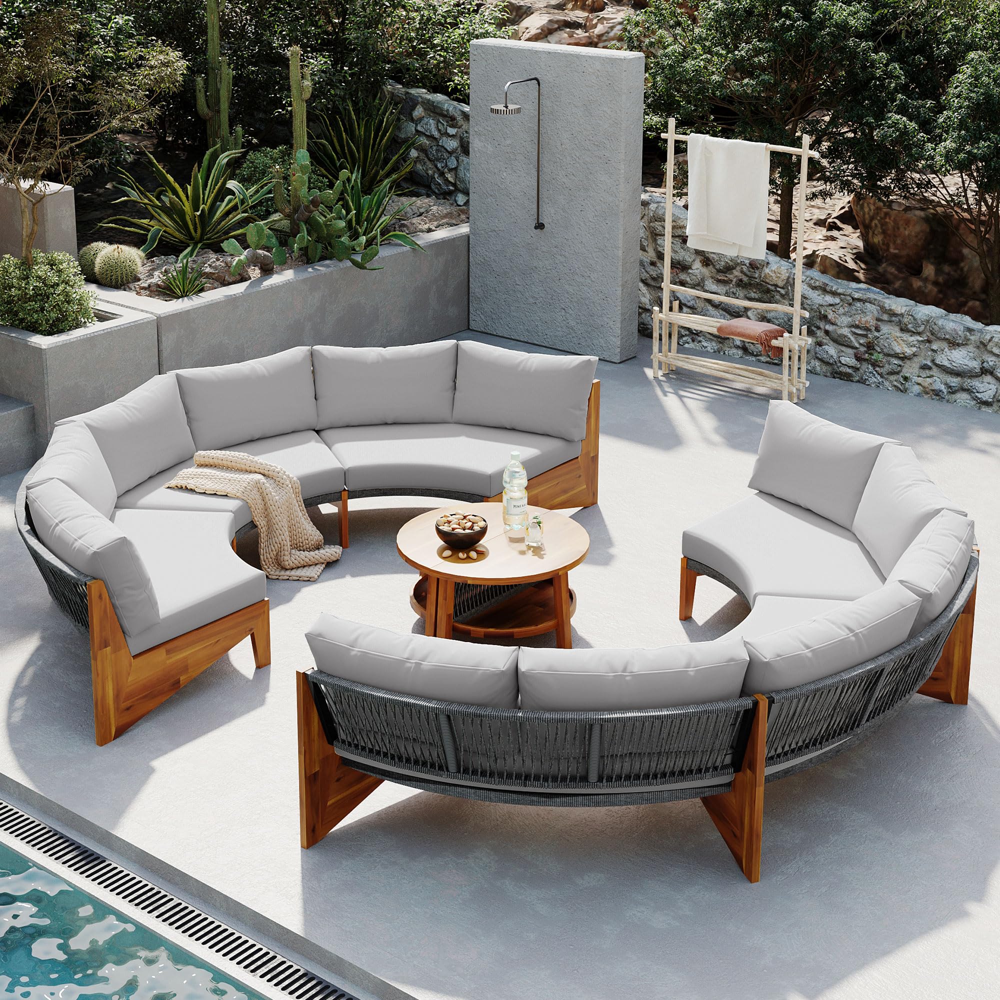 6-Person Outdoor Seating Group with Coffee Table, Half Moon Patio Sectional Sofa Set, All Weather Conversation Sofa Set with Acacia Wood Frame and Thick Cushions for Backyard Poolside (Grey+Acacia)