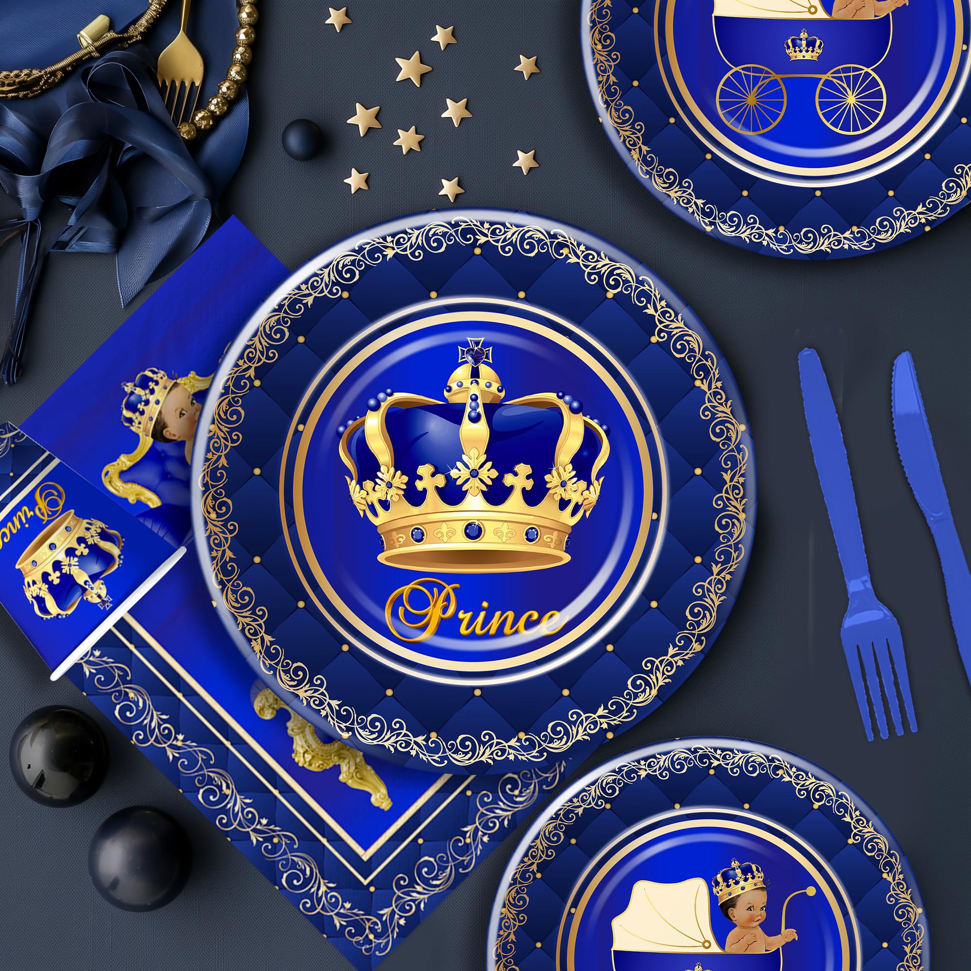 Xenorik Royal Prince Baby Shower Decorations Party Tableware Boys - Blue Gold Little Prince Baby Boy Decorations Supplies, Plate, Napkin, Cup, Cutlery, Prince Baby Boy Table Decorations | Serve 24