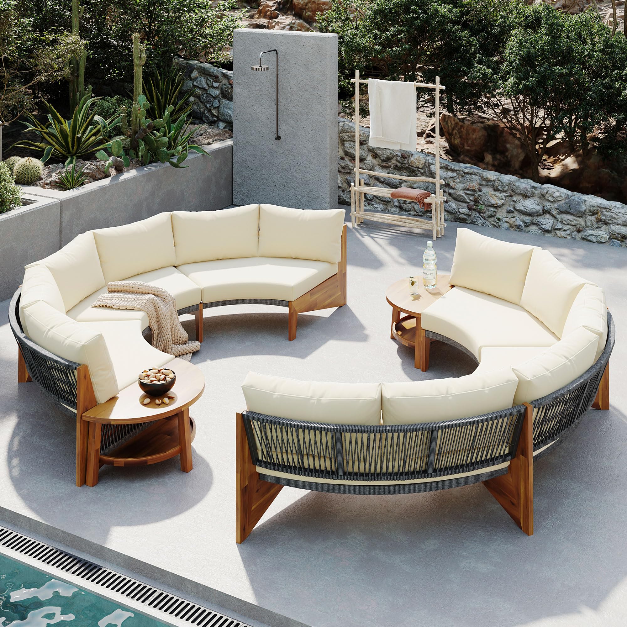 6-Person Outdoor Seating Group with Coffee Table, Half Moon Patio Sectional Sofa Set, All Weather Conversation Sofa Set with Acacia Wood Frame and Thick Cushions for Backyard Poolside (Beige+Acacia)