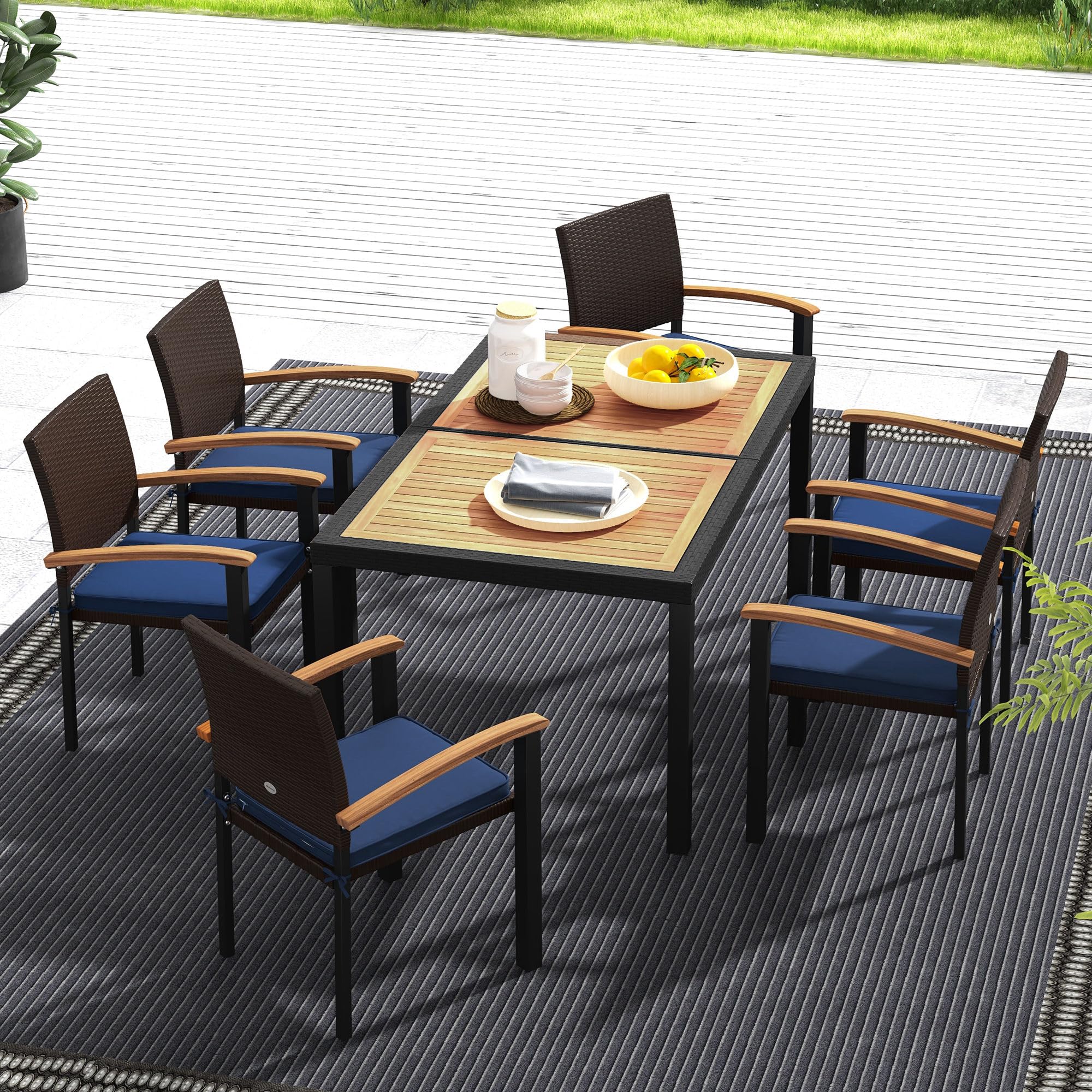 Outsunny 7 Pieces Patio Dining Set with Space-Saving Design, Wicker Patio Furniture Set Outdoor Dining Set with Acacia Wood Table Top, Cushions, for Backyard, Balcony, Garden, Deck, Black