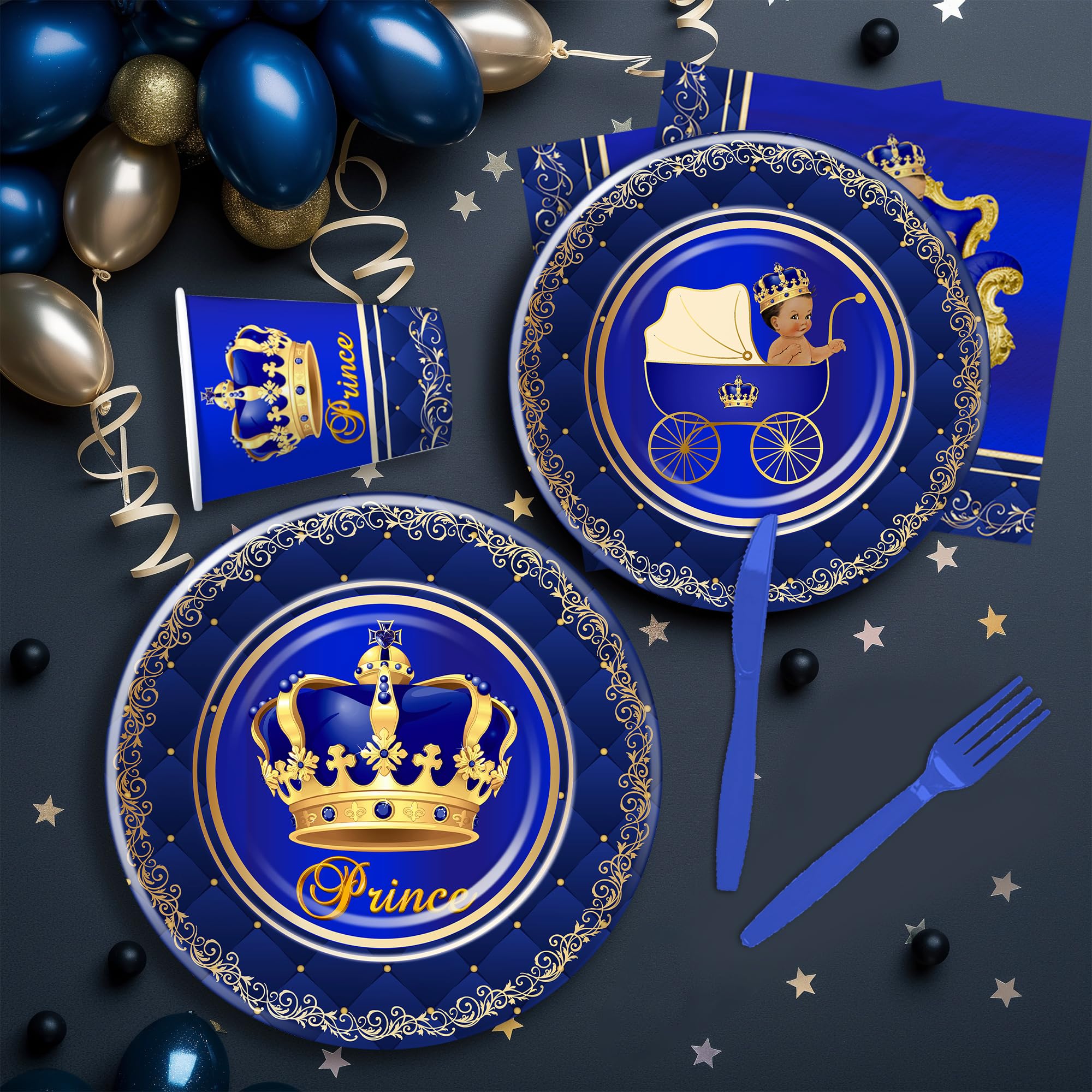 Xenorik Royal Prince Baby Shower Decorations Party Tableware Boys - Blue Gold Little Prince Baby Boy Decorations Supplies, Plate, Napkin, Cup, Cutlery, Prince Baby Boy Table Decorations | Serve 24