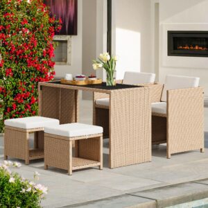 YITAHOME 5-Piece Patio Furniture Conversation Set, Outdoor Conversation Furniture with Tempered Glass Tabletop, Outdoor Bistro Conversation Set for Patios, Backyards, Gardens, Porches (Light Yellow)