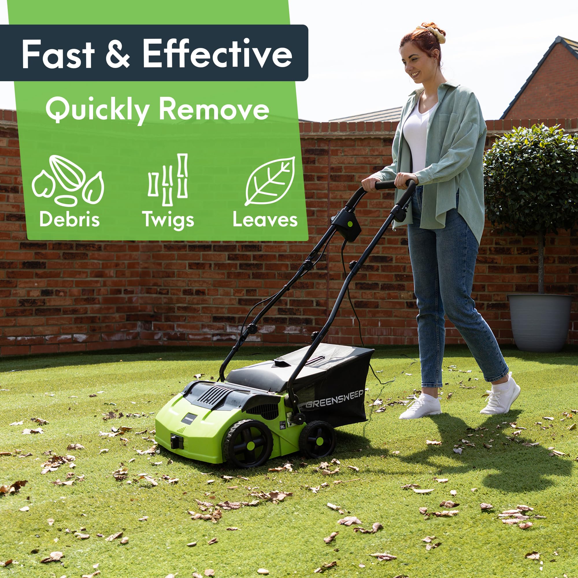 GreenSweep V2 - Artificial Grass Electric Sweeper Rake Vacuum 45L Collection Bag,5 Adjustable Heights, Foldable Handle & Extra Brush