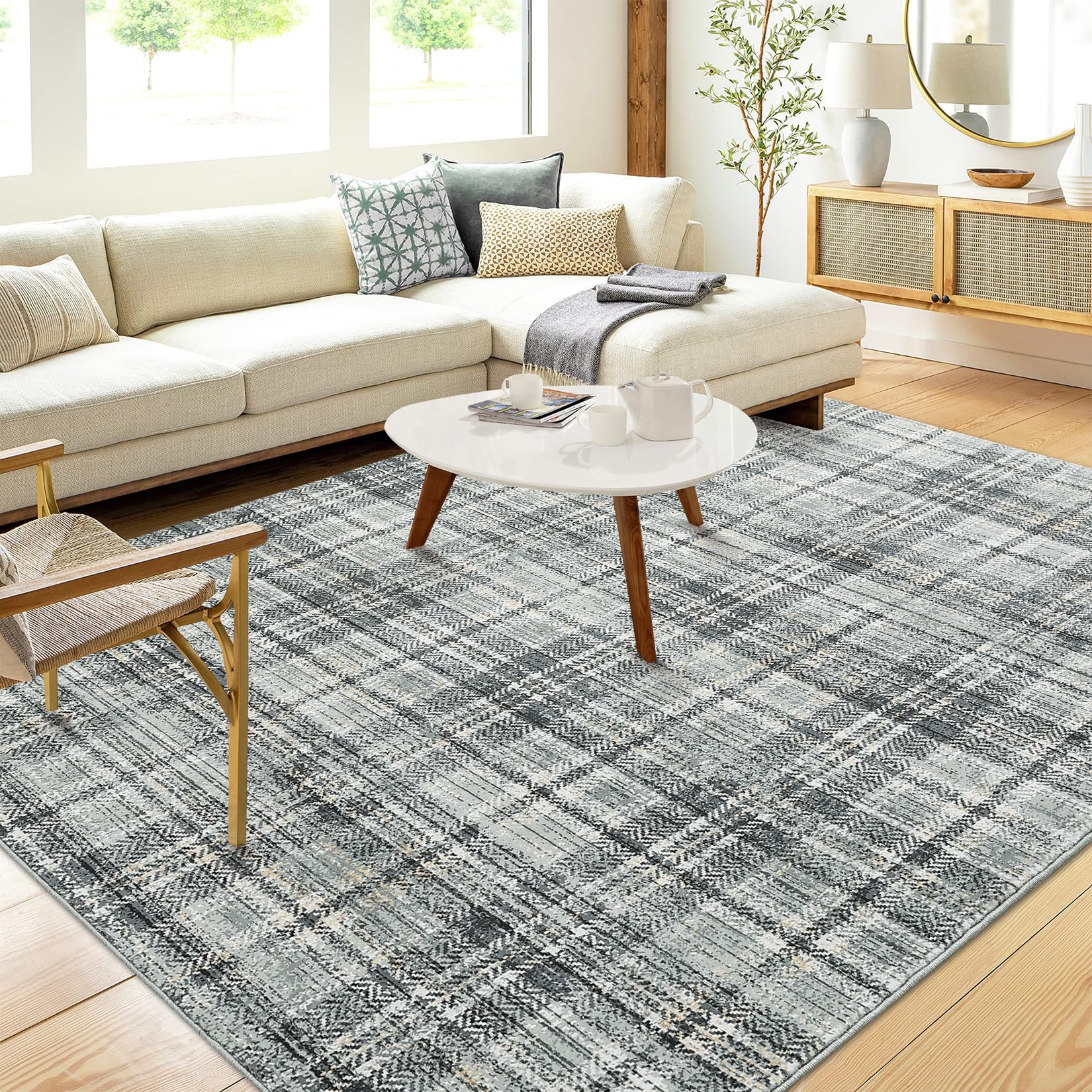 GlowSol Washable Rugs 5x7 Rug for Living Room Plaid Area Rug Non Slip Throw Rugs Bedroom Rugs Soft Rug No Shedding Floor Mats Modern Area Rugs for Entryway Dining Room Office Rug Greenish Grey 5'x7'