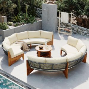 6-person outdoor seating group with coffee table, half moon patio sectional sofa set, all weather conversation sofa set with acacia wood frame and thick cushions for backyard poolside (beige+acacia)