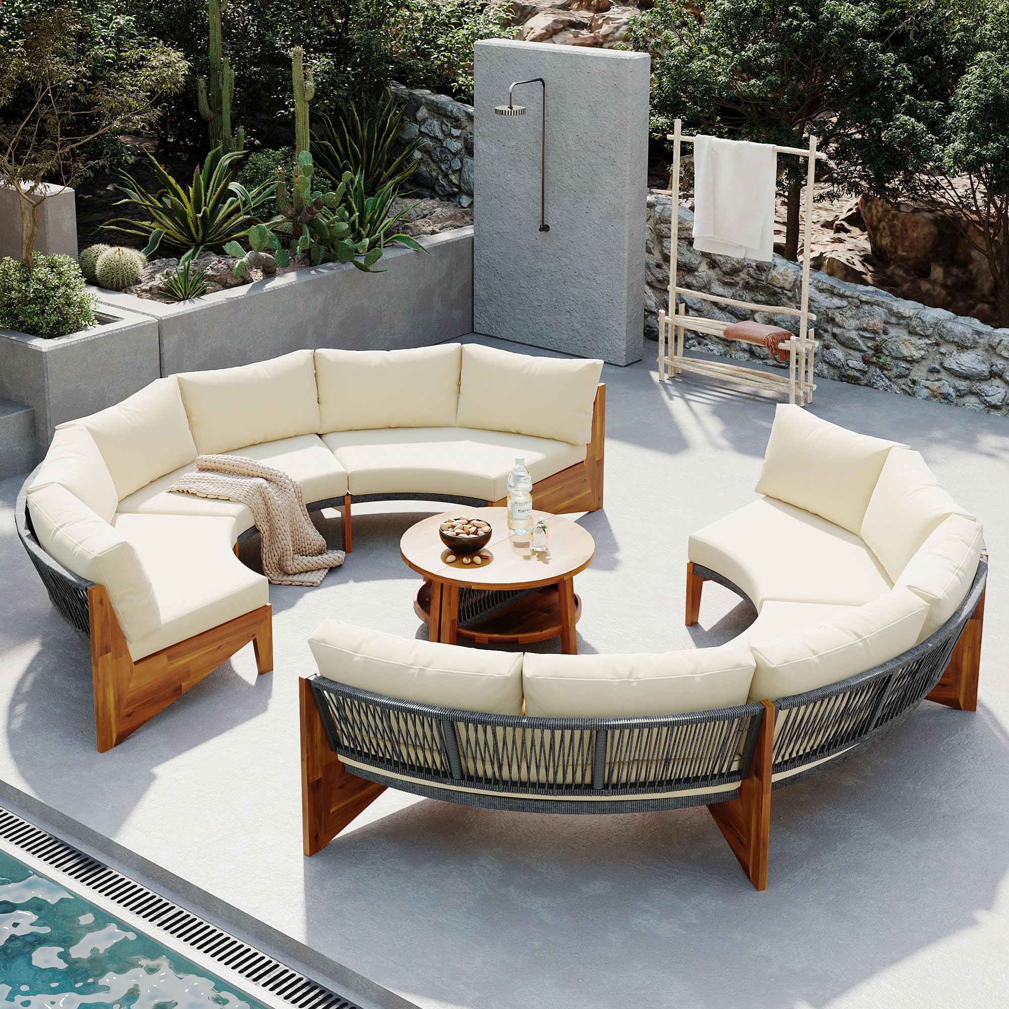 6-Person Outdoor Seating Group with Coffee Table, Half Moon Patio Sectional Sofa Set, All Weather Conversation Sofa Set with Acacia Wood Frame and Thick Cushions for Backyard Poolside (Beige+Acacia)