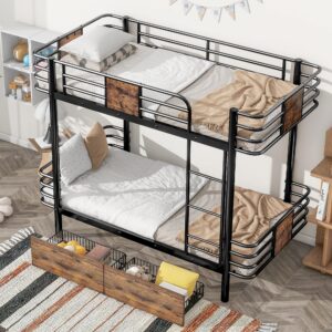 LUKEEHOM Metal Bunk Bed Twin XL Over Twin XL Twin Bunk Beds Twin Size Bed with 2 Storage Drawers and MDF Board Guardrail, No Box Spring Needed, Black