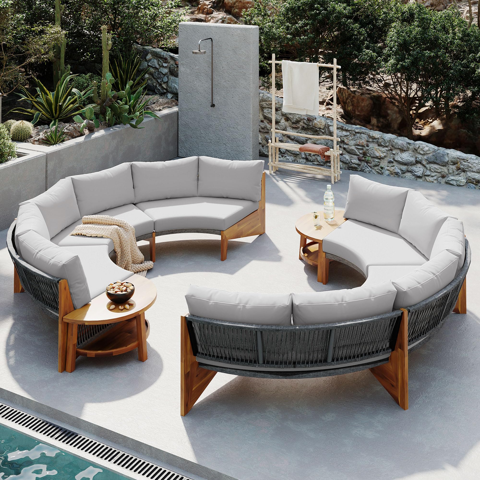 6-Person Outdoor Seating Group with Coffee Table, Half Moon Patio Sectional Sofa Set, All Weather Conversation Sofa Set with Acacia Wood Frame and Thick Cushions for Backyard Poolside (Grey+Acacia)