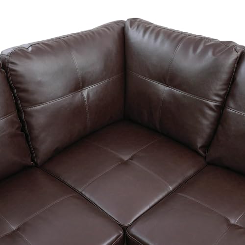 Evedy Faux Leather Sofas & Couches,Modern L-Shaped Modular Couch Upholstered 6 Seaters Sectional Sofa Couch W/Storage Ottoman, Living Room Furniture Set for Small Apartment-Brown