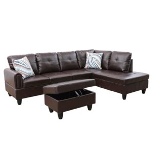 Evedy Faux Leather Sofas & Couches,Modern L-Shaped Modular Couch Upholstered 6 Seaters Sectional Sofa Couch W/Storage Ottoman, Living Room Furniture Set for Small Apartment-Brown