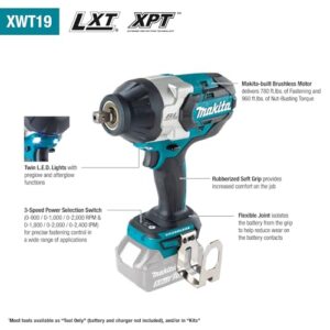 Makita XWT19XVZ 18V LXT® Lithium-Ion Brushless Cordless 3-Speed 1/2" Sq. Drive Utility Impact Wrench w/Detent Anvil, Tool Only