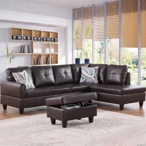 evedy faux leather sofas & couches,modern l-shaped modular couch upholstered 6 seaters sectional sofa couch w/storage ottoman, living room furniture set for small apartment-brown