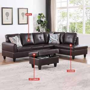 Evedy Faux Leather Sofas & Couches,Modern L-Shaped Modular Couch Upholstered 6 Seaters Sectional Sofa Couch W/Storage Ottoman, Living Room Furniture Set for Small Apartment-Brown