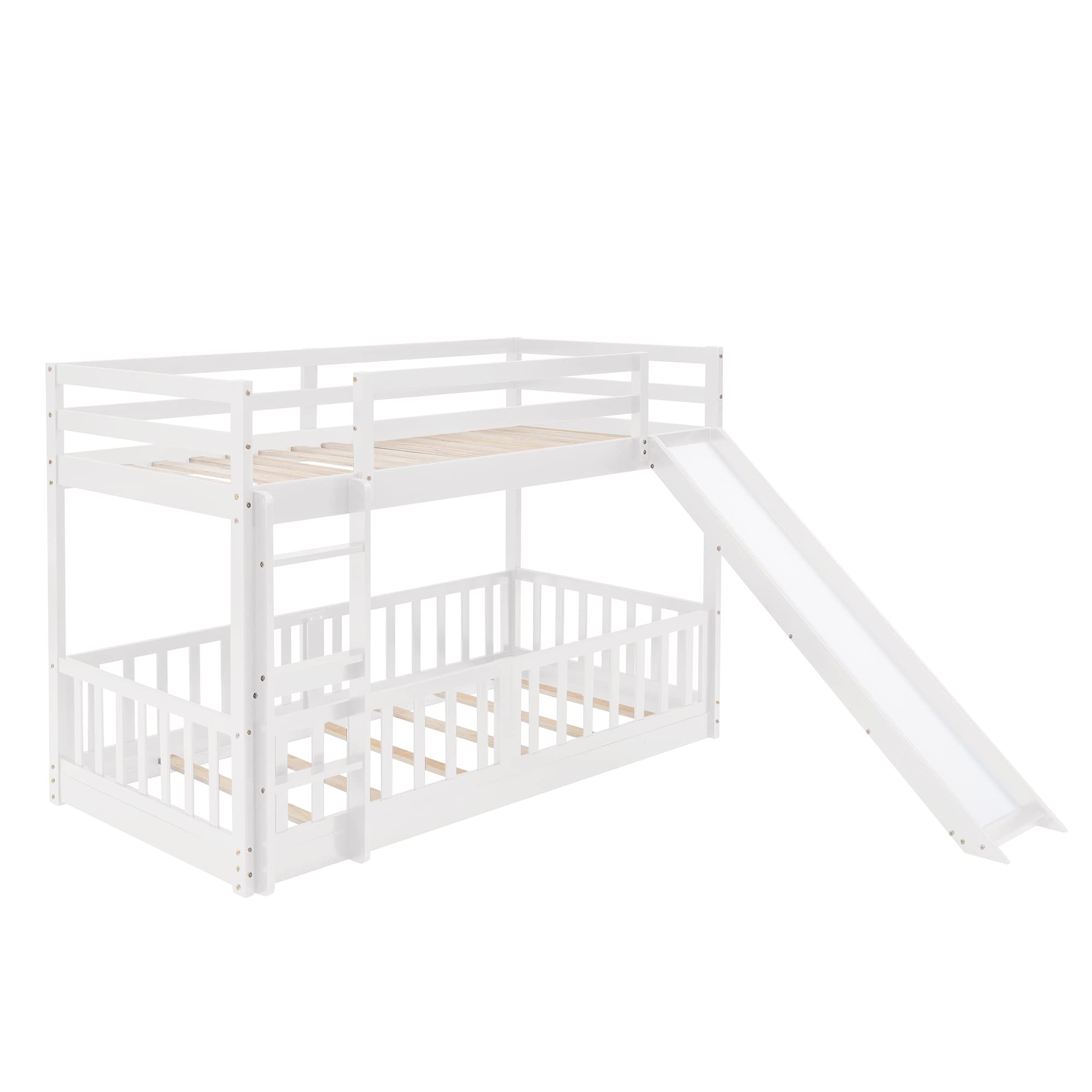 Bellemave Twin Over Twin Floor Bunk Bed with Slide and Ladder, Low Bunk Bed for Kids, Girls, Boys, Removable Fence, Bunk Bed with Slide, White