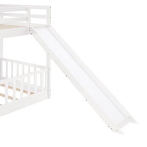 Bellemave Twin Over Twin Floor Bunk Bed with Slide and Ladder, Low Bunk Bed for Kids, Girls, Boys, Removable Fence, Bunk Bed with Slide, White