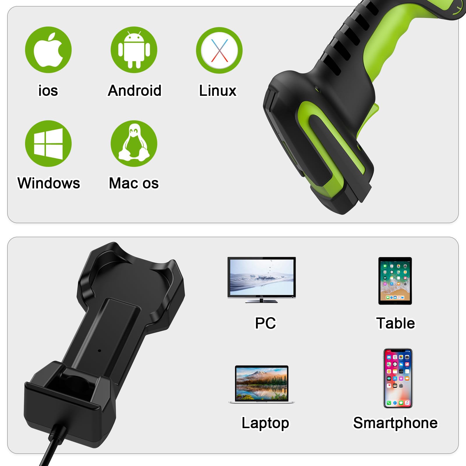 Alacrity Upgraded 2D Wireless Industrial Barcode Scanner with Wireless Charging Base,Bluetooth & 433MHz Wireless 2-in-1 1968ft Transmission Distance,Auto-scanning Available,Working on DPM Code