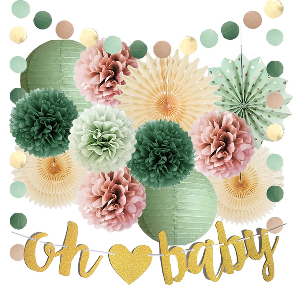 Dusty Rose and Sage Green Baby Shower Decorations Paper Lanterns Tissue Paper Pom Poms Olive Sage Green and Dusty Pink Party Decorations with Oh Baby Banner Gold for Baby Girls