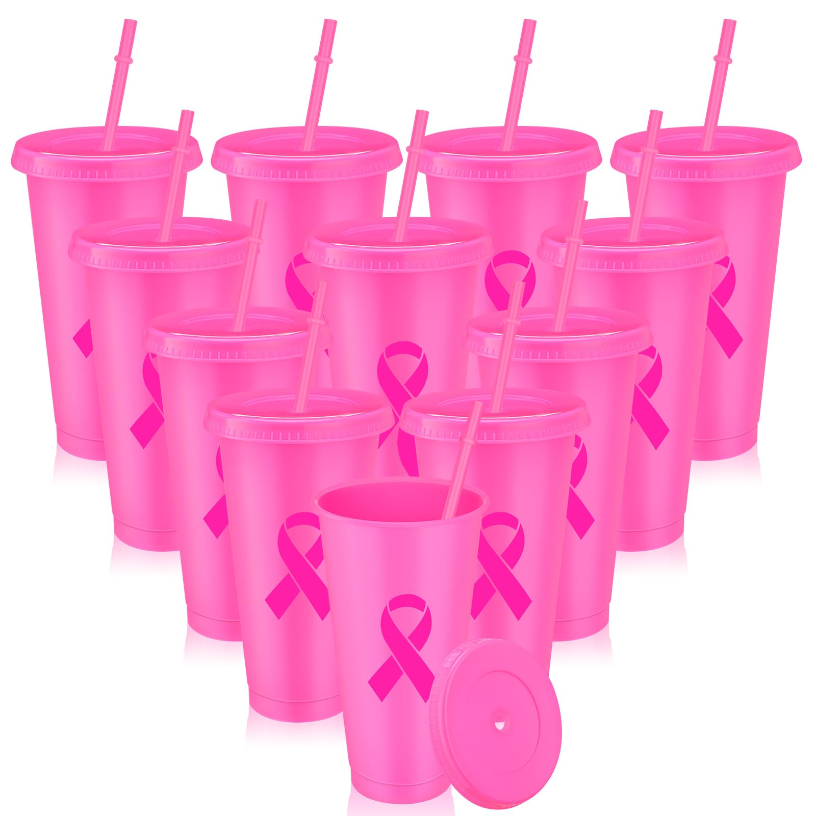 Yiyiring 12 Pcs Breast Cancer Awareness Plastic Tumblers with Lids and Straws Breast Cancer Awareness Cups Breast Cancer Water Bottle Bulk 24 oz Inspirational Ribbon Breast Cancer Cup Gift for Women