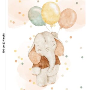 Generic Elephant with Balloons Cotton Fabric Panel 29x39in, Quilting Panel, Baby Quilt Panel, Cotton Baby Panel, Blanket Panel, Bedding Panel, White, Grey, Green