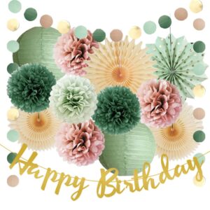 sage green and dusty pink birthday decorations paper lanterns sage green cream paper fans dusty rose tissue paper pom poms sage green pink birthday with happy birthday banner gold for girls women