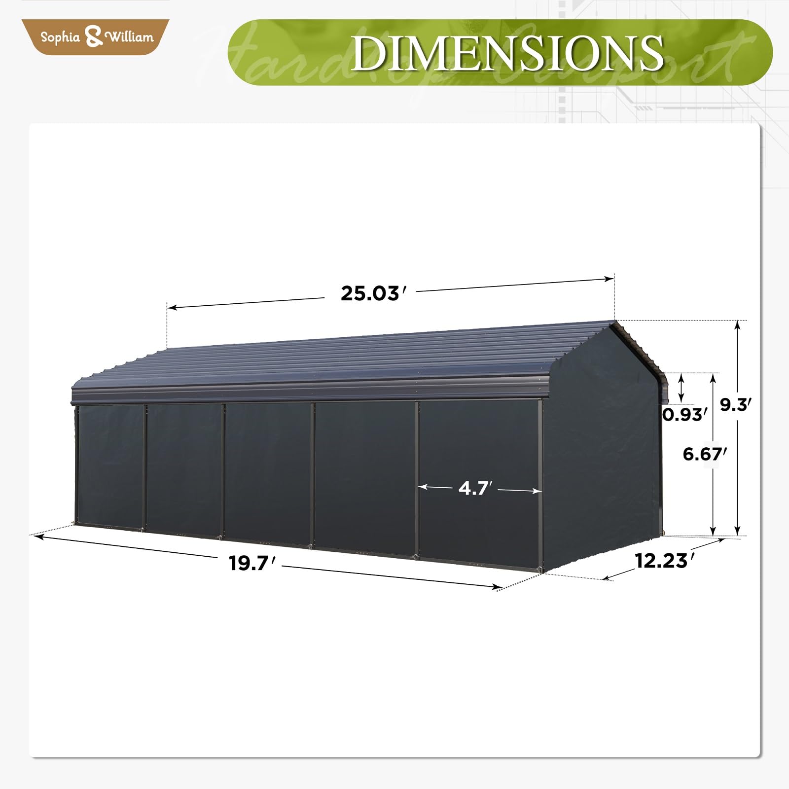 Carport Car Port Metal Canopy 12x25 ft Heavy Duty for Snow, Portable Garage Kit Shed Tent Shelter Metal Frame All Weather Outdoor for Boat with Removable Sidewalls, Dark Grey, Sophia & William