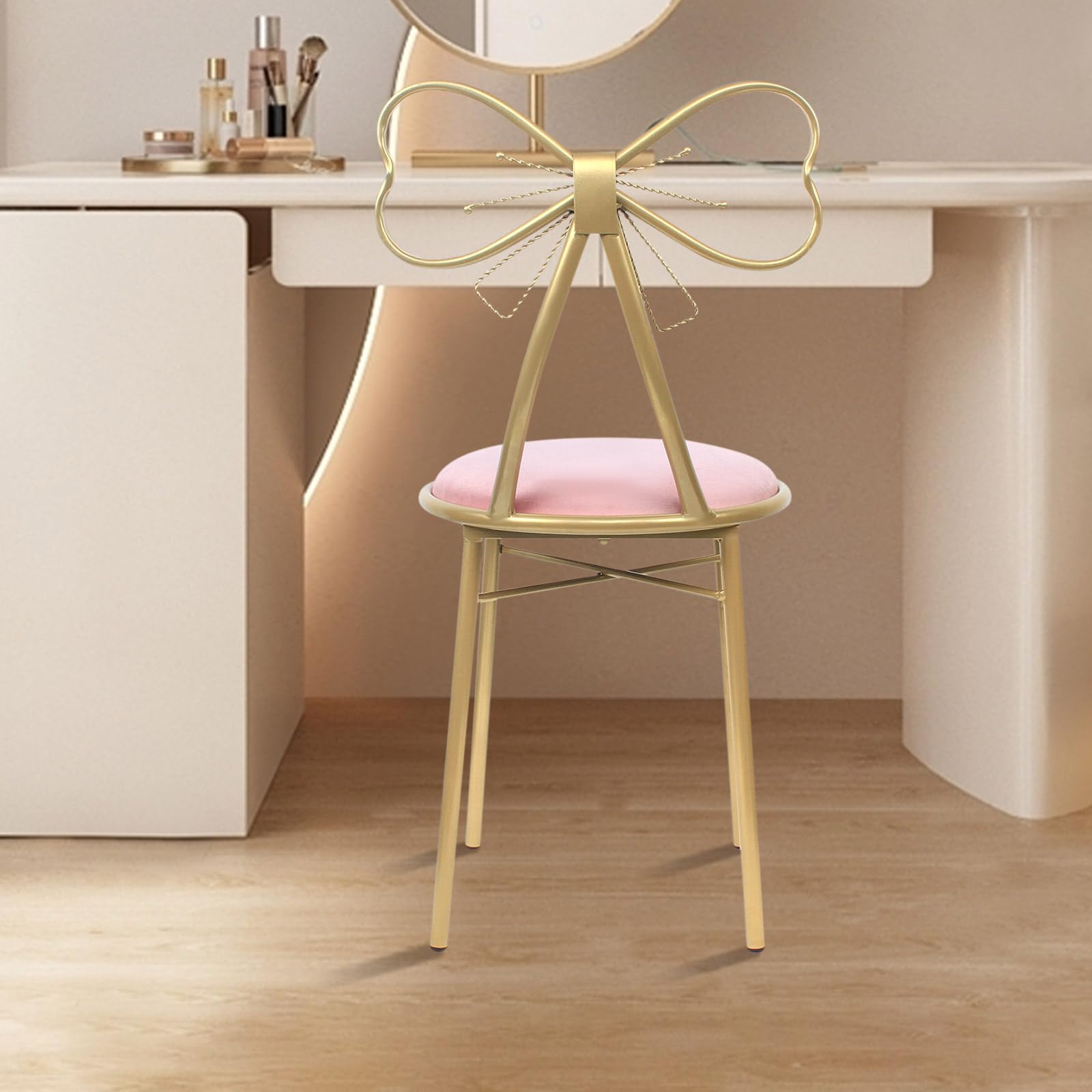 Makeup Vanity Chair Side Pink Bow Vanity Chair Table Seat Butterfly Stool Dressing Chair Modern Bow Knot Backrest Dresser Chair Seat for Girl Daughter Bedroom (Light Pink)