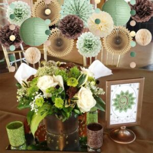 Sage Green and Brown Party Decorations Baby Shower Decorations Sage Green Beige Brown Tissue Paper Pom Poms Lanterns for Sage Green and Brown Birthday Bridal Shower Wedding Room Decor