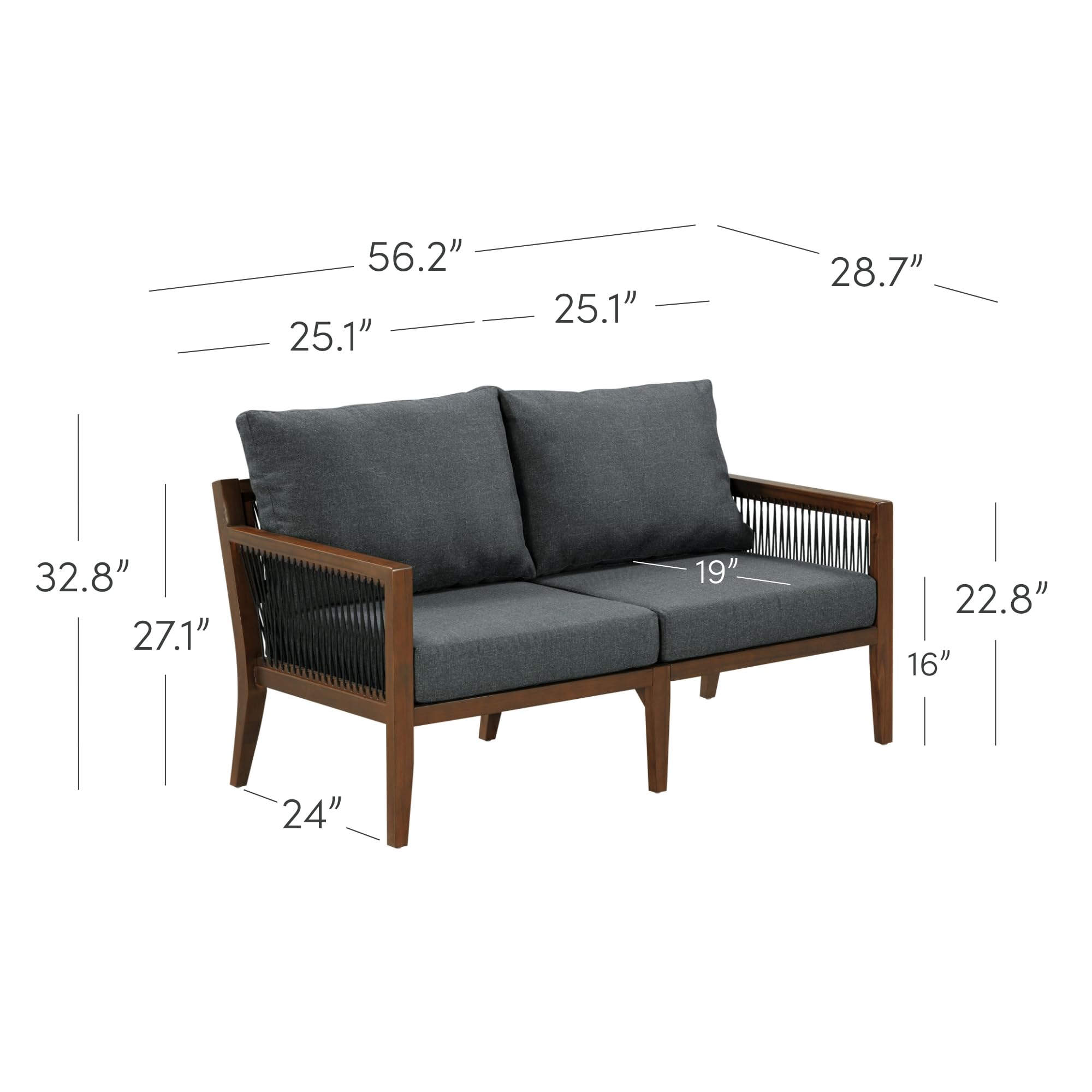 Nathan James Freya Bohemian Wood Loveseat, Upholstered Loveseat Sofa for Patio, Solid Acacia Wood Frame, Dark Acacia