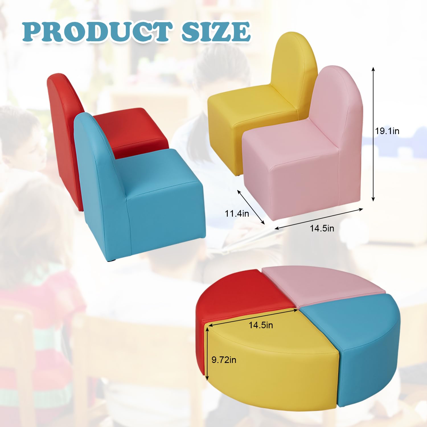 JSUN7 Kids Couch Daycare Furniture - 8 Pieces Kids Modular Flexible Seating Set with Colorful Chairs and Stools, Kids Sofa Set Leather Couch for Toddler, Playroom Preschool Classroom Home