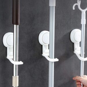 NPQPNAFC Wall Mounted Hooks Mop and Broom Holder Suction Cup Gripper Plastic Wall Mounted Organizer Storage Hooks Tool Hanger Racks for Kitchen Garden Garage Laundry Room White Hanger Hooks Hooks