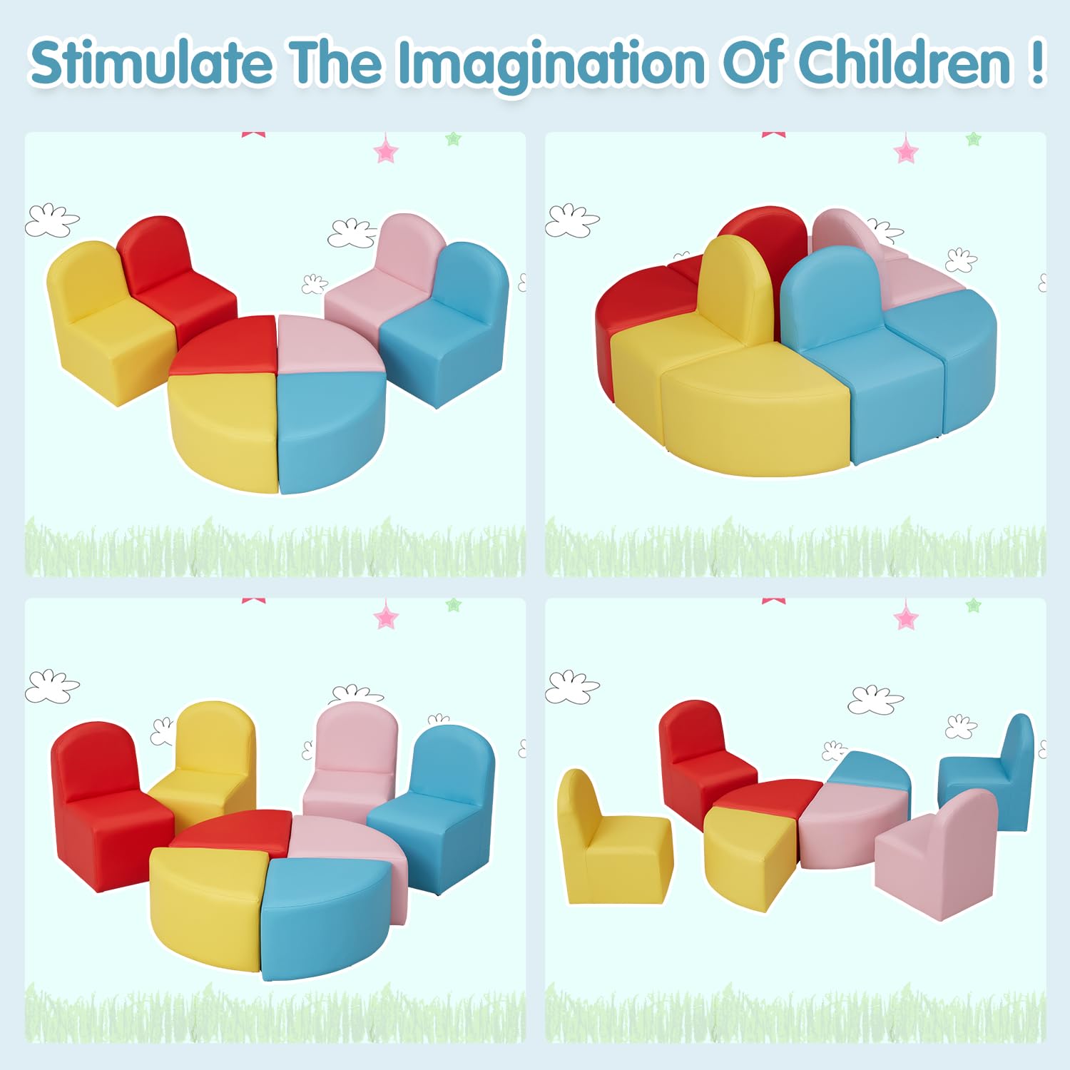 JSUN7 Kids Couch Daycare Furniture - 8 Pieces Kids Modular Flexible Seating Set with Colorful Chairs and Stools, Kids Sofa Set Leather Couch for Toddler, Playroom Preschool Classroom Home