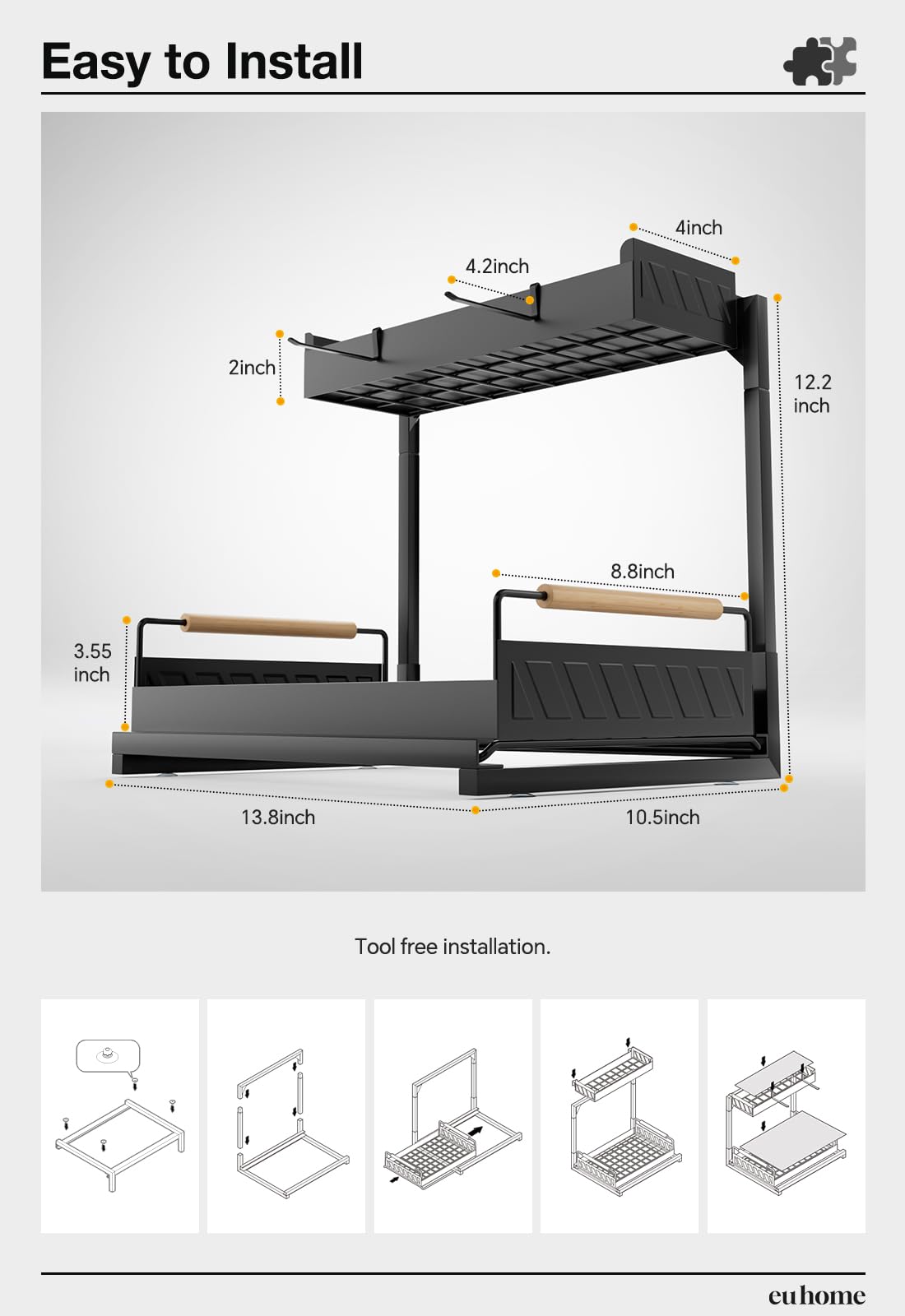 EUHOME Under Sink Organizers and Storage, Kitchen Under Sink Organizer, Slide Out Under Sink Storage for Bathroom 2 Tier Under Cabinet Organizer (Black, 1Pack)