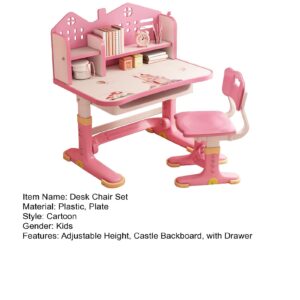 Kids Adjustable Study Desk & Chair Set, Pink Girl Desk, Child Toddler Homework Table, Princess Children Preschool Desk for Writing Homework w/Drawers, Bookshelf, Escritorio Mesas para Niña (Pink1)